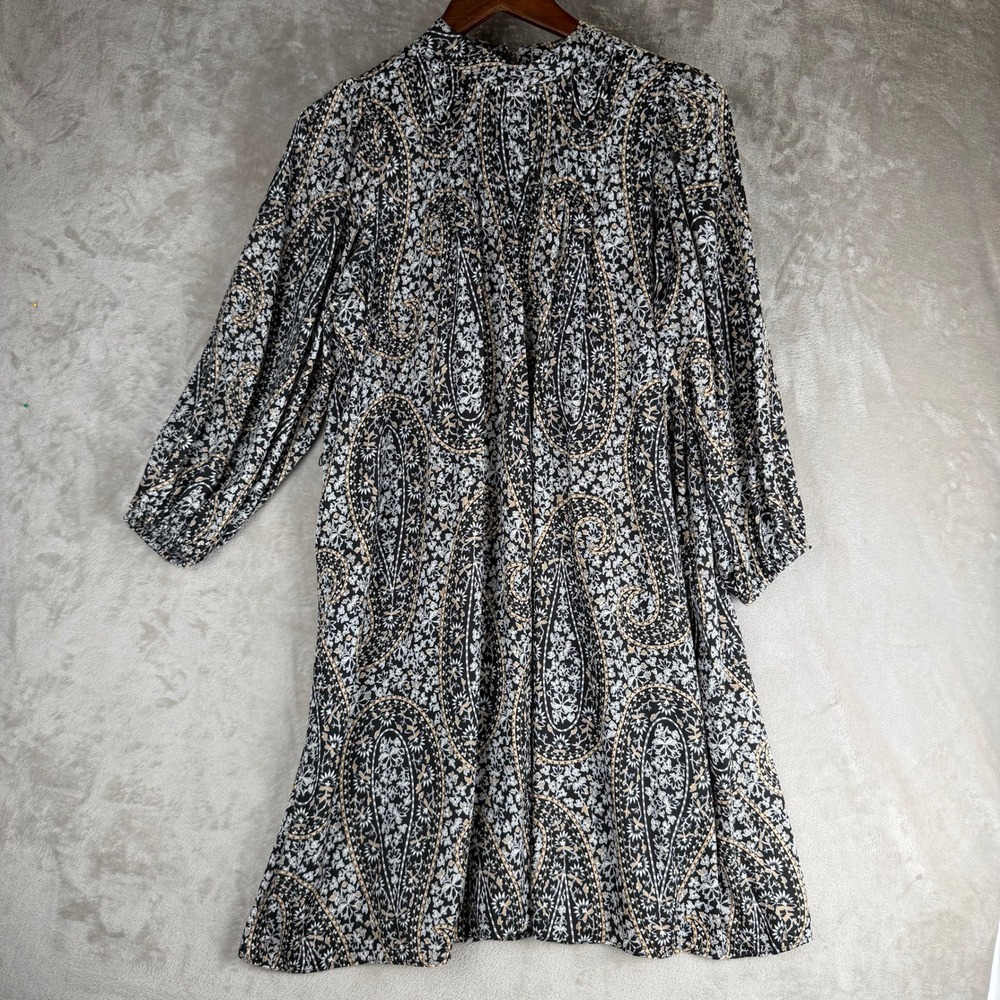 Ann Taylor Petite LP Paisley Mock Neck Shift Dress Black White Tan Long Sleeve